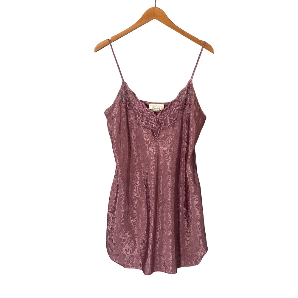 Dentelle Vintage Floral Jacquard Satin Lace Trim Chemise Nightgown Mauve Medium